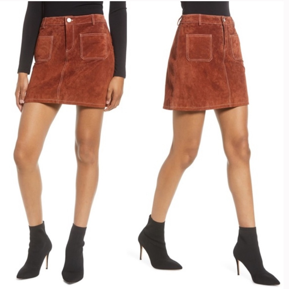 BLANKNYC 100% Leather Suede High Rise Mini Skirt 25 Brown